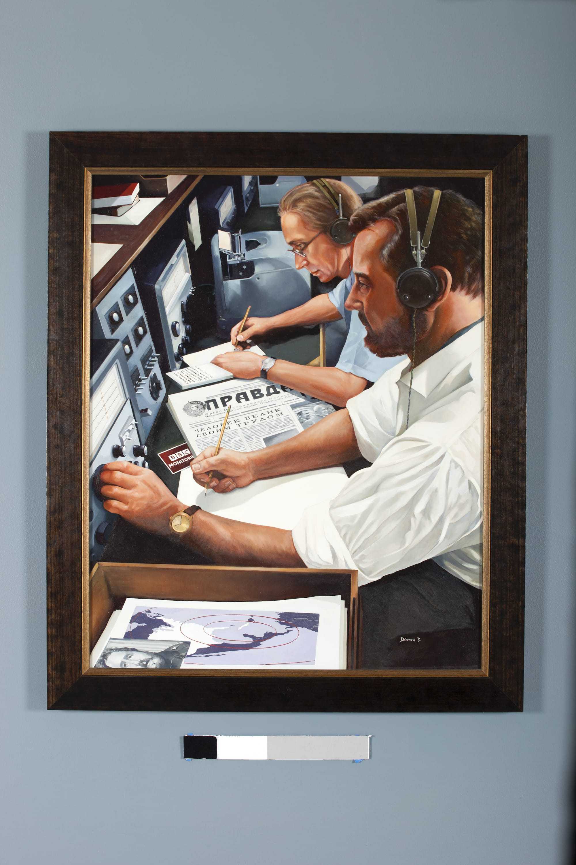 painting of two men at a radio dial with head phones on