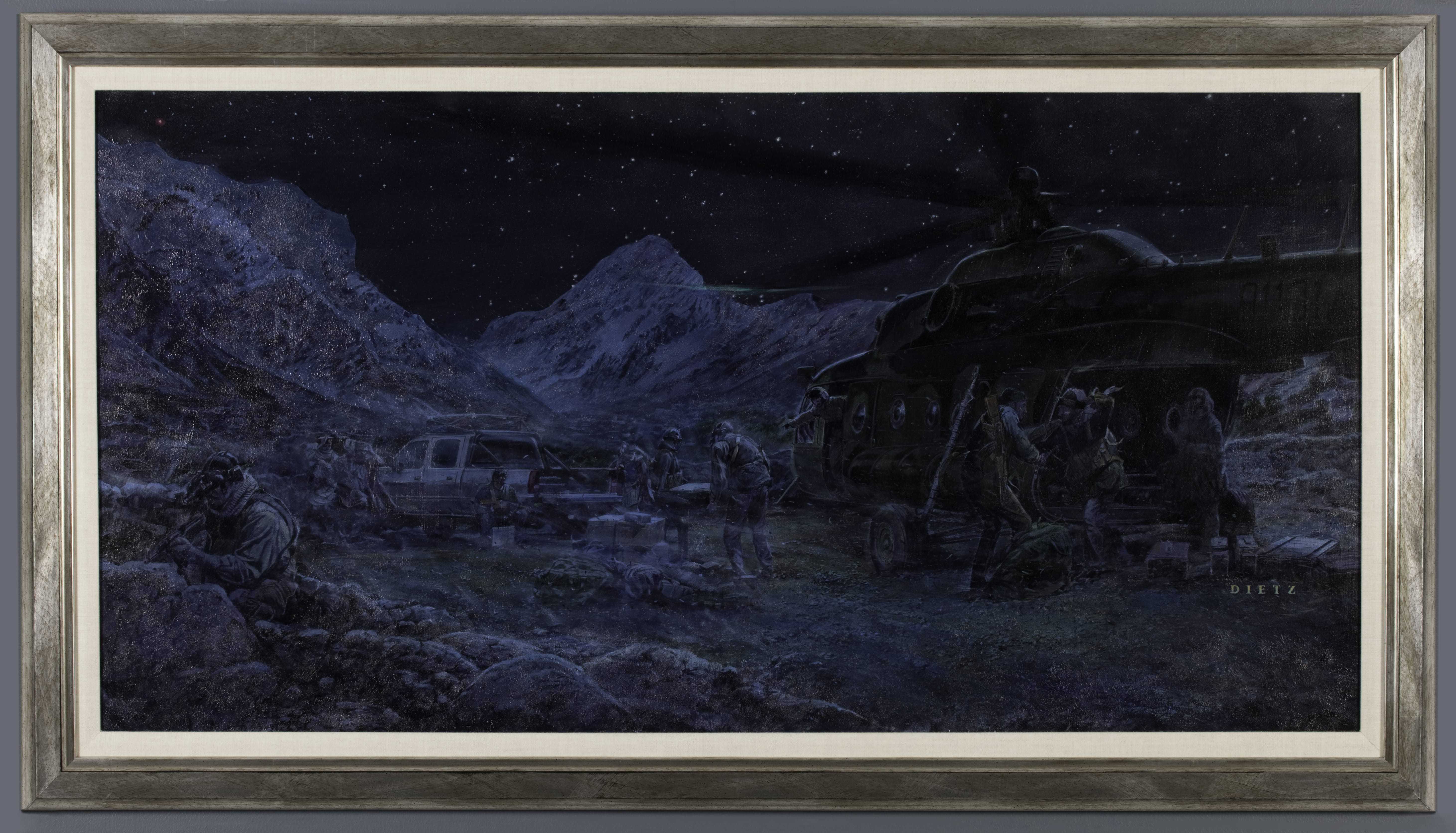A painting of CIA officers unloading supplies from a Mi-17 helicopter in Afghanistan at night