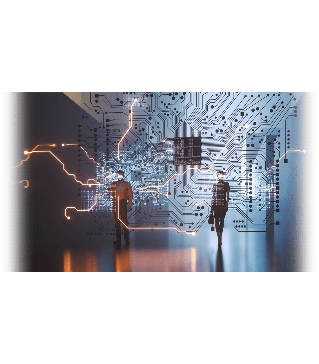person standing in front of the backdrop of a circuit board