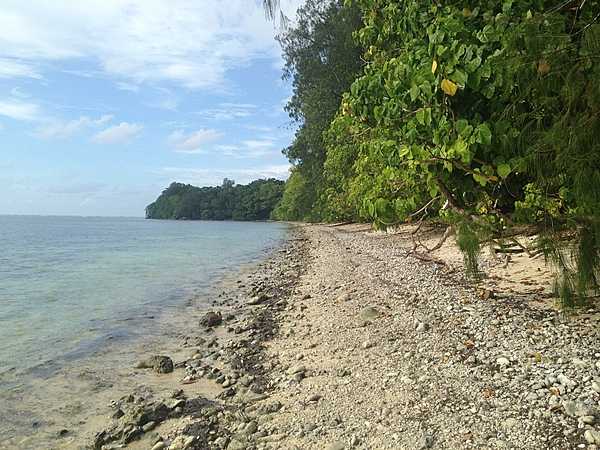 Beach on the southwest coast of Peleliu, Palau, where the US Marines landed on 15 September 1944 at the start of the Battle of Peleliu.