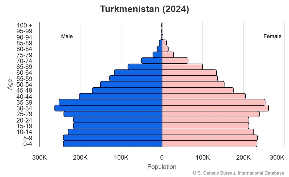 This is the population pyramid for Turkmenistan. A population pyramid illustrates the age and sex structure of a country's population and may provide insights about political and social stability, as well as economic development. The population is distributed along the horizontal axis, with males shown on the left and females on the right. The male and female populations are broken down into 5-year age groups represented as horizontal bars along the vertical axis, with the youngest age groups at the bottom and the oldest at the top. The shape of the population pyramid gradually evolves over time based on fertility, mortality, and international migration trends. <br/><br/>For additional information, please see the entry for Population pyramid on the Definitions and Notes page.