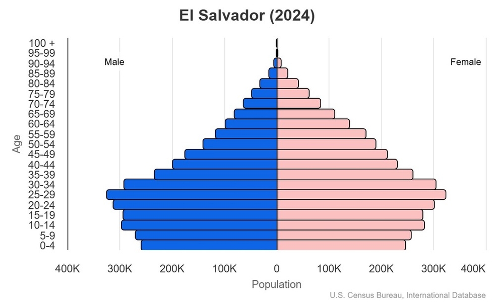 This is the population pyramid for El Salvador. A population pyramid illustrates the age and sex structure of a country's population and may provide insights about political and social stability, as well as economic development. The population is distributed along the horizontal axis, with males shown on the left and females on the right. The male and female populations are broken down into 5-year age groups represented as horizontal bars along the vertical axis, with the youngest age groups at the bottom and the oldest at the top. The shape of the population pyramid gradually evolves over time based on fertility, mortality, and international migration trends. <br/><br/>For additional information, please see the entry for Population pyramid on the Definitions and Notes page.