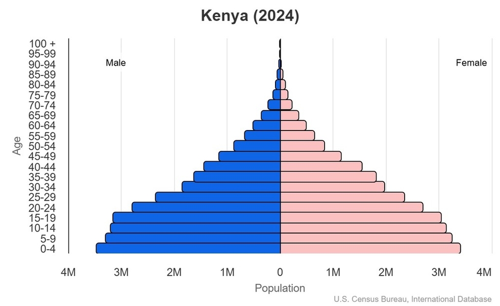 This is the population pyramid for Kenya. A population pyramid illustrates the age and sex structure of a country's population and may provide insights about political and social stability, as well as economic development. The population is distributed along the horizontal axis, with males shown on the left and females on the right. The male and female populations are broken down into 5-year age groups represented as horizontal bars along the vertical axis, with the youngest age groups at the bottom and the oldest at the top. The shape of the population pyramid gradually evolves over time based on fertility, mortality, and international migration trends. <br/><br/>For additional information, please see the entry for Population pyramid on the Definitions and Notes page.
