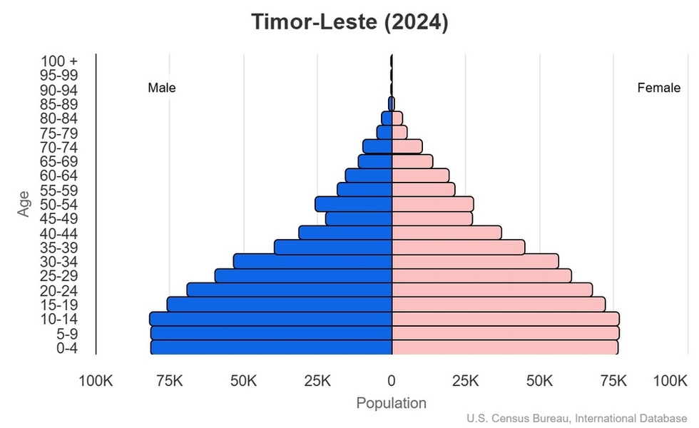 This is the population pyramid for Timor-Leste. A population pyramid illustrates the age and sex structure of a country's population and may provide insights about political and social stability, as well as economic development. The population is distributed along the horizontal axis, with males shown on the left and females on the right. The male and female populations are broken down into 5-year age groups represented as horizontal bars along the vertical axis, with the youngest age groups at the bottom and the oldest at the top. The shape of the population pyramid gradually evolves over time based on fertility, mortality, and international migration trends. <br/><br/>For additional information, please see the entry for Population pyramid on the Definitions and Notes page.