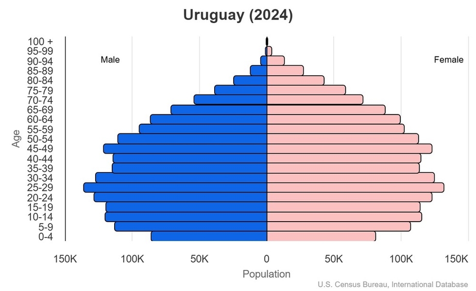 This is the population pyramid for Uruguay. A population pyramid illustrates the age and sex structure of a country's population and may provide insights about political and social stability, as well as economic development. The population is distributed along the horizontal axis, with males shown on the left and females on the right. The male and female populations are broken down into 5-year age groups represented as horizontal bars along the vertical axis, with the youngest age groups at the bottom and the oldest at the top. The shape of the population pyramid gradually evolves over time based on fertility, mortality, and international migration trends. <br/><br/>For additional information, please see the entry for Population pyramid on the Definitions and Notes page.