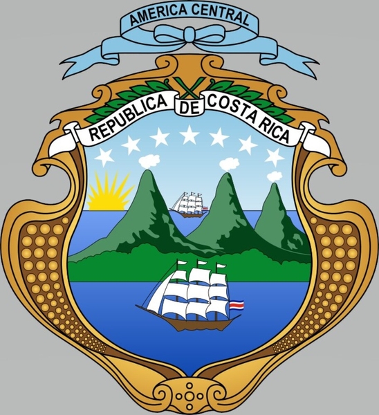 The Costa Rican coat of arms highlights the country’s natural beauty and history. Three volcanoes, each topped with a white cloud, are surrounded with water, symbolizing the seaports of the Pacific and Atlantic Oceans. The rising sun in the background commemorates the birth of a new nation, and the seven white stars stand for the country's seven provinces. The two merchant ships carrying Costa Rica’s flag are a reminder of the maritime trade that shaped the country's history.
