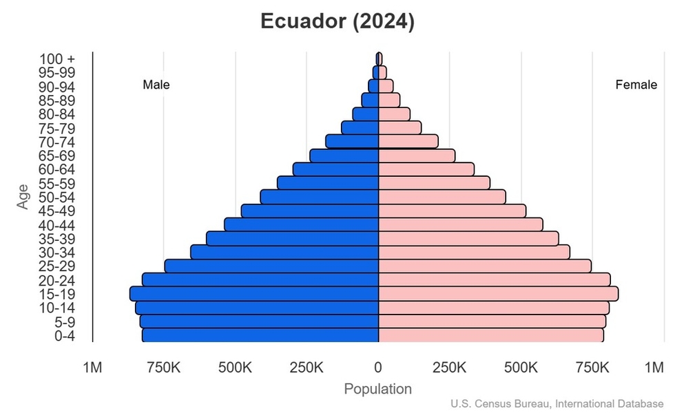 This is the population pyramid for Ecuador. A population pyramid illustrates the age and sex structure of a country's population and may provide insights about political and social stability, as well as economic development. The population is distributed along the horizontal axis, with males shown on the left and females on the right. The male and female populations are broken down into 5-year age groups represented as horizontal bars along the vertical axis, with the youngest age groups at the bottom and the oldest at the top. The shape of the population pyramid gradually evolves over time based on fertility, mortality, and international migration trends. <br/><br/>For additional information, please see the entry for Population pyramid on the Definitions and Notes page.