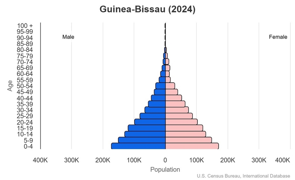 This is the population pyramid for Guinea-Bissau. A population pyramid illustrates the age and sex structure of a country's population and may provide insights about political and social stability, as well as economic development. The population is distributed along the horizontal axis, with males shown on the left and females on the right. The male and female populations are broken down into 5-year age groups represented as horizontal bars along the vertical axis, with the youngest age groups at the bottom and the oldest at the top. The shape of the population pyramid gradually evolves over time based on fertility, mortality, and international migration trends. <br/><br/>For additional information, please see the entry for Population pyramid on the Definitions and Notes page.