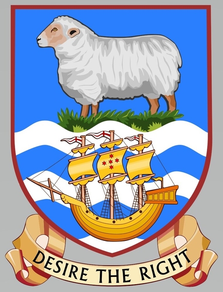 The Falkland Islands adopted its coat of arms in 1948. The shield highlights the national symbol, the ram, which represents the country’s agricultural industry and stands on native tussock grass. English navigator John Davis’s sailing vessel, the Desire, is shown, referencing his sighting of the islands in 1592. Below the shield is the Falklands’ motto, “Desire the Right.”