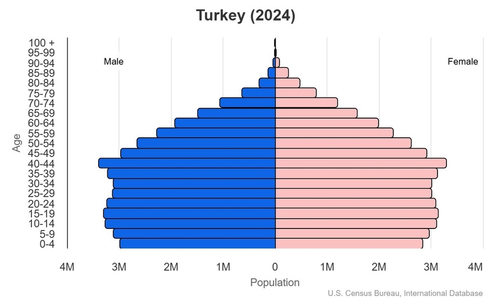 This is the population pyramid for Turkey. A population pyramid illustrates the age and sex structure of a country's population and may provide insights about political and social stability, as well as economic development. The population is distributed along the horizontal axis, with males shown on the left and females on the right. The male and female populations are broken down into 5-year age groups represented as horizontal bars along the vertical axis, with the youngest age groups at the bottom and the oldest at the top. The shape of the population pyramid gradually evolves over time based on fertility, mortality, and international migration trends. <br/><br/>For additional information, please see the entry for Population pyramid on the Definitions and Notes page.
