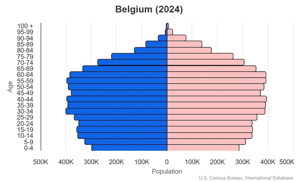 This is the population pyramid for Belgium. A population pyramid illustrates the age and sex structure of a country's population and may provide insights about political and social stability, as well as economic development. The population is distributed along the horizontal axis, with males shown on the left and females on the right. The male and female populations are broken down into 5-year age groups represented as horizontal bars along the vertical axis, with the youngest age groups at the bottom and the oldest at the top. The shape of the population pyramid gradually evolves over time based on fertility, mortality, and international migration trends. <br/><br/>For additional information, please see the entry for Population pyramid on the Definitions and Notes page.