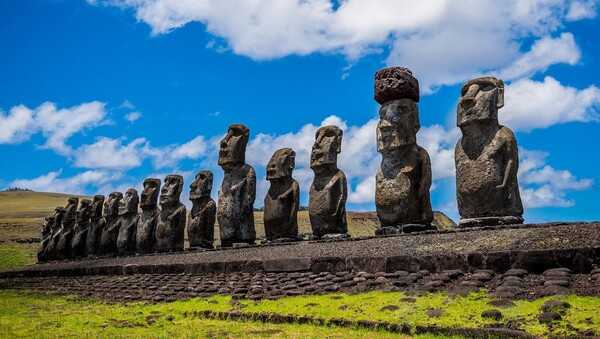 Located in the southeastern Pacific Ocean, Easter Island was discovered by Dutch sailors on Easter Sunday 1722 and named for the holy day, but island's indigenous name is Rapa Nui. The island is known for the nearly 900 statues (moai), such as the ones pictured, that the original Polynesian inhabitants carved.  What or who the statues represent remains a mystery.