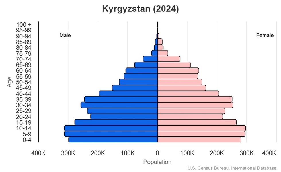 This is the population pyramid for Kyrgyzstan. A population pyramid illustrates the age and sex structure of a country's population and may provide insights about political and social stability, as well as economic development. The population is distributed along the horizontal axis, with males shown on the left and females on the right. The male and female populations are broken down into 5-year age groups represented as horizontal bars along the vertical axis, with the youngest age groups at the bottom and the oldest at the top. The shape of the population pyramid gradually evolves over time based on fertility, mortality, and international migration trends. <br/><br/>For additional information, please see the entry for Population pyramid on the Definitions and Notes page.