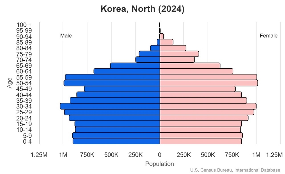 This is the population pyramid for North Korea. A population pyramid illustrates the age and sex structure of a country's population and may provide insights about political and social stability, as well as economic development. The population is distributed along the horizontal axis, with males shown on the left and females on the right. The male and female populations are broken down into 5-year age groups represented as horizontal bars along the vertical axis, with the youngest age groups at the bottom and the oldest at the top. The shape of the population pyramid gradually evolves over time based on fertility, mortality, and international migration trends. <br/><br/>For additional information, please see the entry for Population pyramid on the Definitions and Notes page.