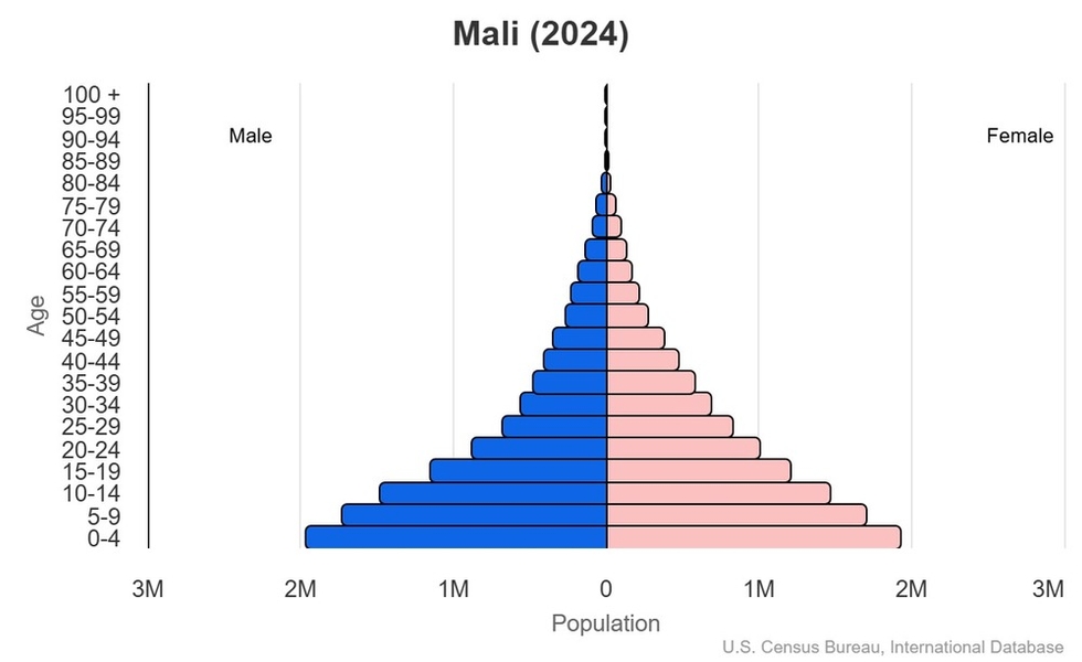This is the population pyramid for Mali. A population pyramid illustrates the age and sex structure of a country's population and may provide insights about political and social stability, as well as economic development. The population is distributed along the horizontal axis, with males shown on the left and females on the right. The male and female populations are broken down into 5-year age groups represented as horizontal bars along the vertical axis, with the youngest age groups at the bottom and the oldest at the top. The shape of the population pyramid gradually evolves over time based on fertility, mortality, and international migration trends. <br/><br/>For additional information, please see the entry for Population pyramid on the Definitions and Notes page.