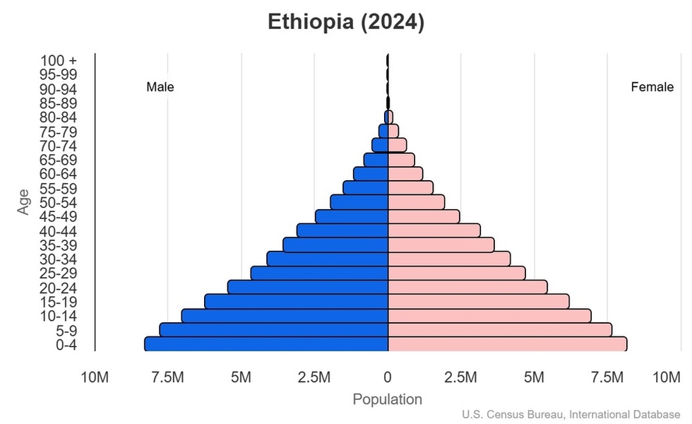 This is the population pyramid for Ethiopia. A population pyramid illustrates the age and sex structure of a country's population and may provide insights about political and social stability, as well as economic development. The population is distributed along the horizontal axis, with males shown on the left and females on the right. The male and female populations are broken down into 5-year age groups represented as horizontal bars along the vertical axis, with the youngest age groups at the bottom and the oldest at the top. The shape of the population pyramid gradually evolves over time based on fertility, mortality, and international migration trends. <br/><br/>For additional information, please see the entry for Population pyramid on the Definitions and Notes page.