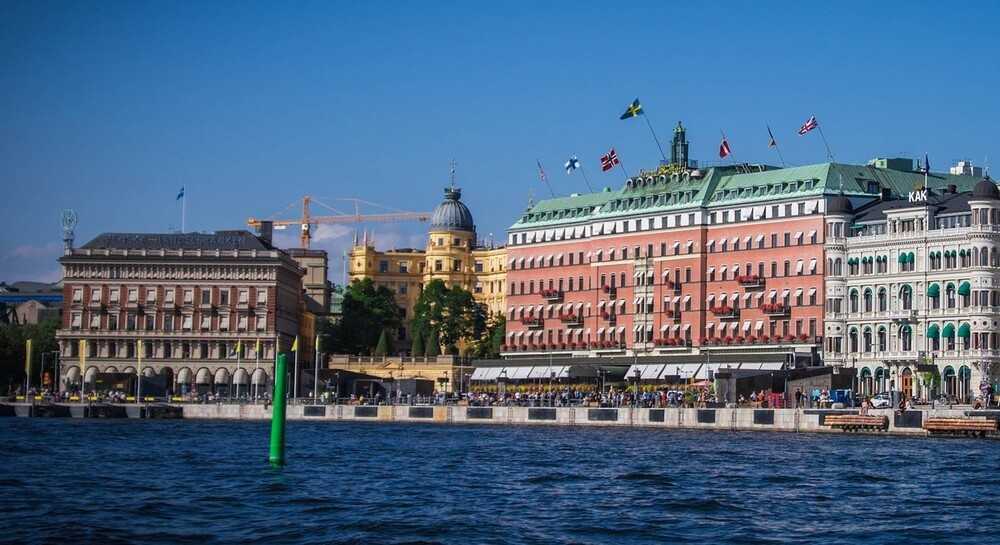 The Grand Hotel in Stockholm, Sweden. Built in 1874, the hotel occupies a spot on the Stockholm waterfront overlooking the Royal Palace and Old Town.