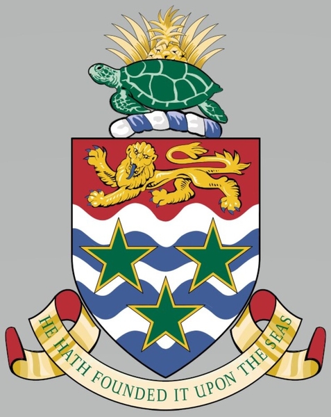 The Cayman Islands is a British dependency, and the Queen of England approved its coat of arms – which was designed with input from the public -- in 1958. The shield features the lion of England and three green stars that symbolize the three islands of Grand Cayman, Cayman Brac, and Little Cayman. The green turtle recalls the islands’ seafaring history, and the rope under it refers to the thatch rope industry. The pineapple references historical ties with Jamaica. The motto comes from Psalms 24, acknowledging the Caymans’ Christian heritage.