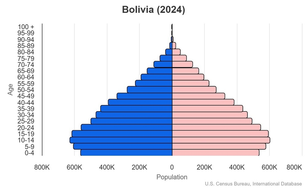 This is the population pyramid for Bolivia. A population pyramid illustrates the age and sex structure of a country's population and may provide insights about political and social stability, as well as economic development. The population is distributed along the horizontal axis, with males shown on the left and females on the right. The male and female populations are broken down into 5-year age groups represented as horizontal bars along the vertical axis, with the youngest age groups at the bottom and the oldest at the top. The shape of the population pyramid gradually evolves over time based on fertility, mortality, and international migration trends. <br/><br/>For additional information, please see the entry for Population pyramid on the Definitions and Notes page.