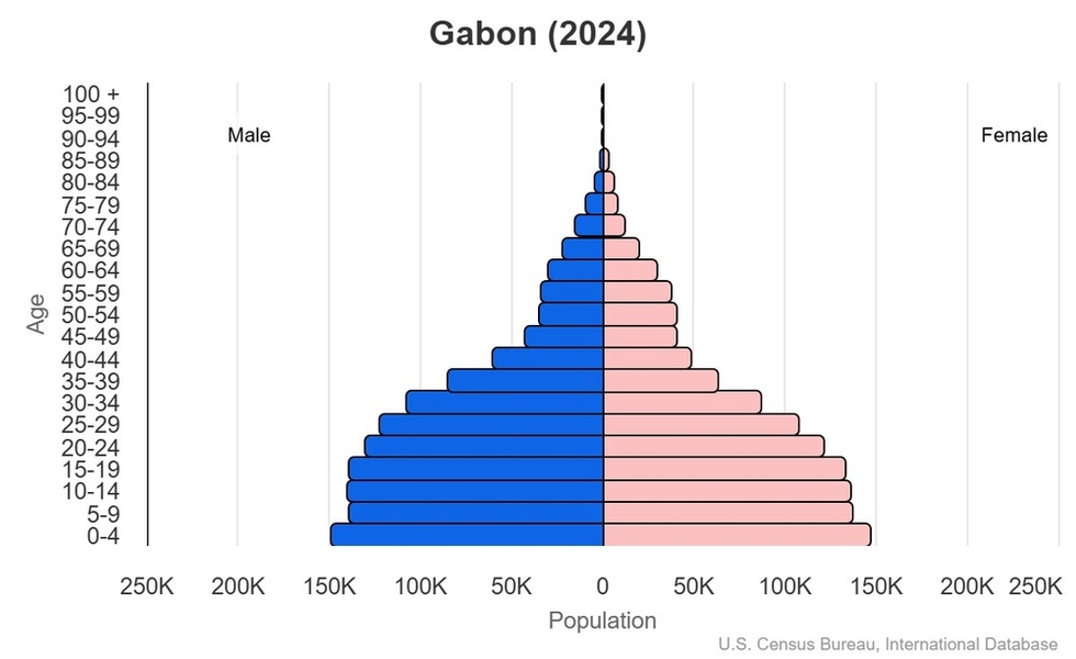 This is the population pyramid for Gabon. A population pyramid illustrates the age and sex structure of a country's population and may provide insights about political and social stability, as well as economic development. The population is distributed along the horizontal axis, with males shown on the left and females on the right. The male and female populations are broken down into 5-year age groups represented as horizontal bars along the vertical axis, with the youngest age groups at the bottom and the oldest at the top. The shape of the population pyramid gradually evolves over time based on fertility, mortality, and international migration trends. <br/><br/>For additional information, please see the entry for Population pyramid on the Definitions and Notes page.