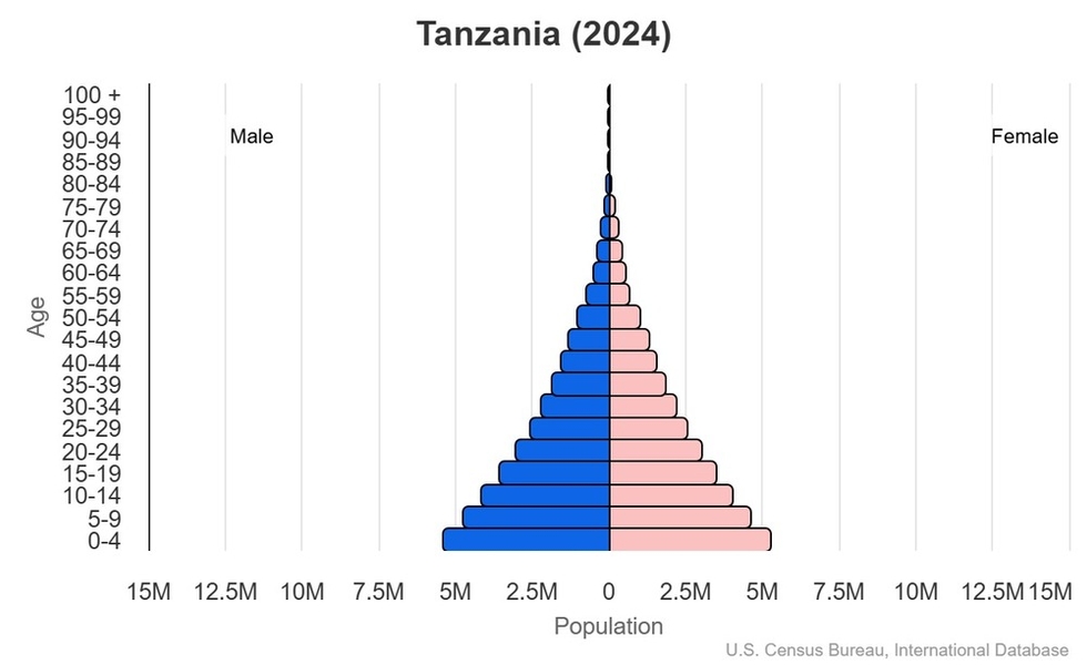 This is the population pyramid for Tanzania. A population pyramid illustrates the age and sex structure of a country's population and may provide insights about political and social stability, as well as economic development. The population is distributed along the horizontal axis, with males shown on the left and females on the right. The male and female populations are broken down into 5-year age groups represented as horizontal bars along the vertical axis, with the youngest age groups at the bottom and the oldest at the top. The shape of the population pyramid gradually evolves over time based on fertility, mortality, and international migration trends. <br/><br/>For additional information, please see the entry for Population pyramid on the Definitions and Notes page.