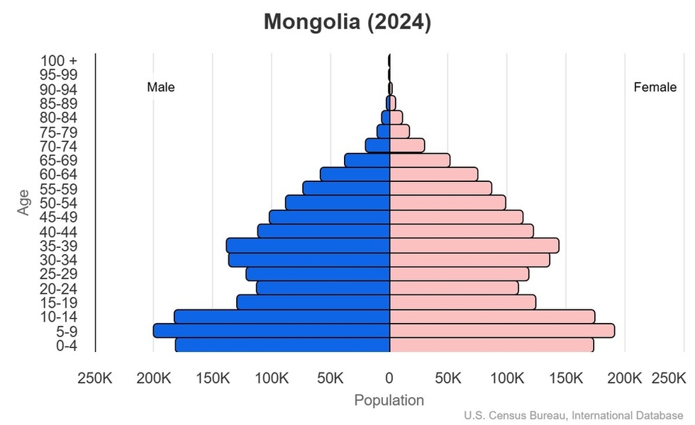 This is the population pyramid for Mongolia. A population pyramid illustrates the age and sex structure of a country's population and may provide insights about political and social stability, as well as economic development. The population is distributed along the horizontal axis, with males shown on the left and females on the right. The male and female populations are broken down into 5-year age groups represented as horizontal bars along the vertical axis, with the youngest age groups at the bottom and the oldest at the top. The shape of the population pyramid gradually evolves over time based on fertility, mortality, and international migration trends. <br/><br/>For additional information, please see the entry for Population pyramid on the Definitions and Notes page.