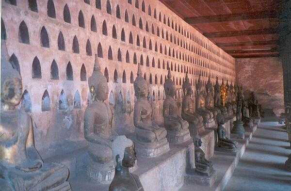 Wat Sisaket is the oldest temple in Vientiane, Laos, and the only one to survive the Thai sacking of the city in 1827. Over 2,000 silver and ceramic Buddha images are housed in the alcoves of the cloister wall.