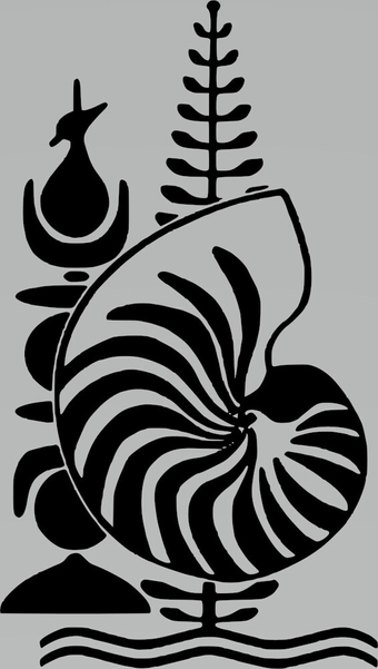 The emblem of New Caledonia features two symbols of the local Kanak people: the flèche faîtière, which is a common rooftop adornment on houses, and the nautilus shell, which represents the sea. The third part of the emblem is a stylized representation of a New Caledonia pine tree.