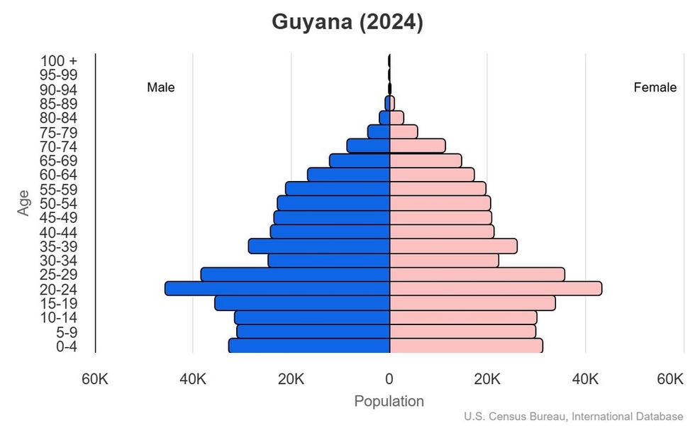 This is the population pyramid for Guyana. A population pyramid illustrates the age and sex structure of a country's population and may provide insights about political and social stability, as well as economic development. The population is distributed along the horizontal axis, with males shown on the left and females on the right. The male and female populations are broken down into 5-year age groups represented as horizontal bars along the vertical axis, with the youngest age groups at the bottom and the oldest at the top. The shape of the population pyramid gradually evolves over time based on fertility, mortality, and international migration trends. <br/><br/>For additional information, please see the entry for Population pyramid on the Definitions and Notes page.