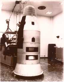 Part of the CORONA Satellite, a rocket-shaped metal object.