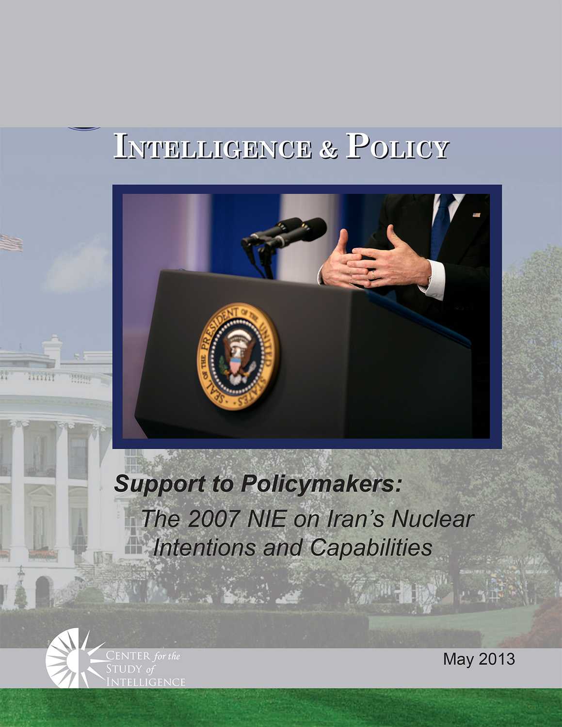 Grey cover of "Support to Policymakers" featuring someone behind a black podium.