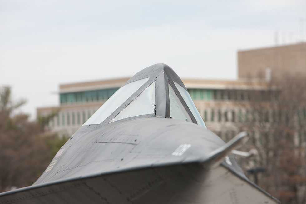 A close up view of the windows on the black A-12 oxcart.