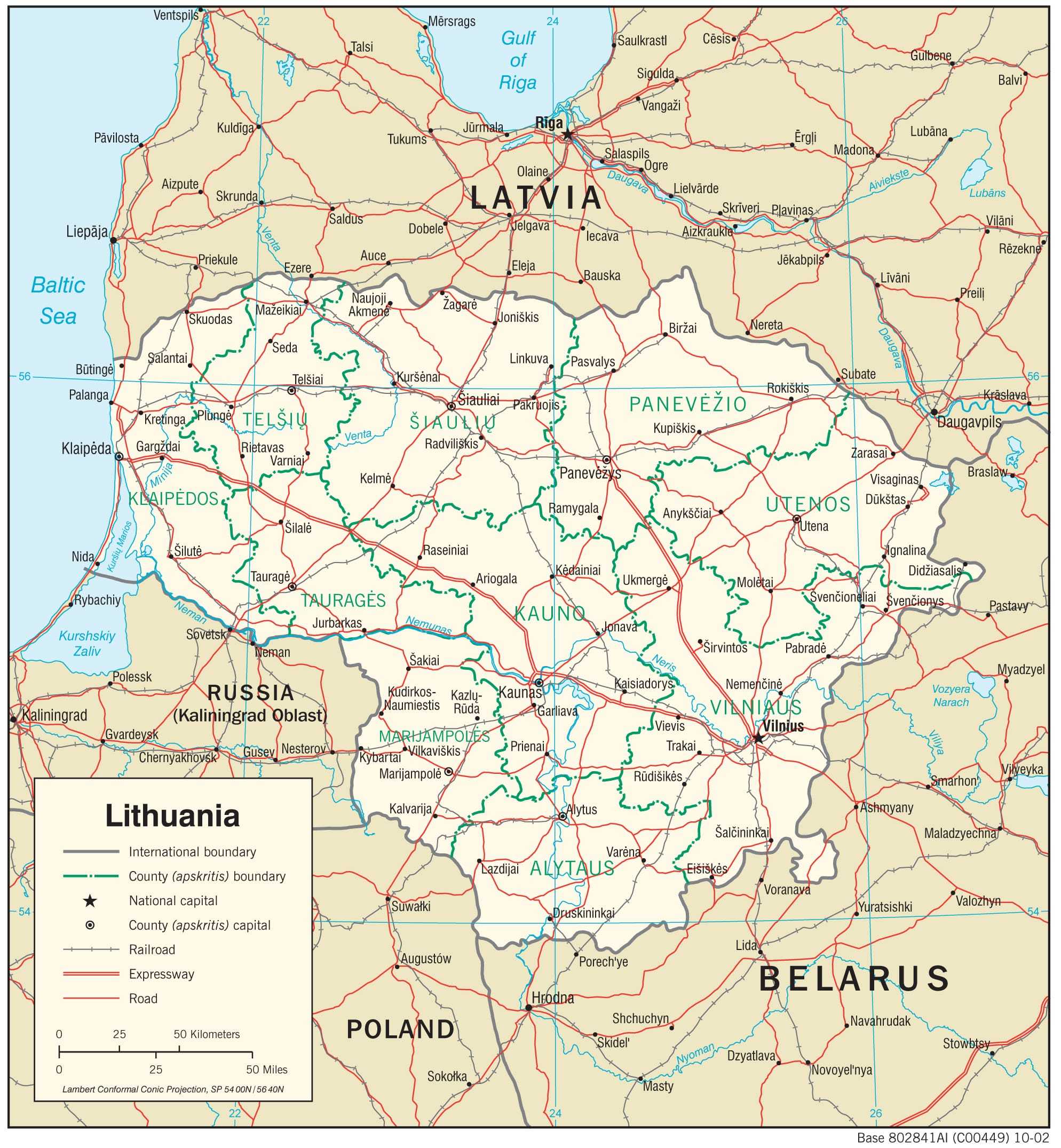 Transportation map of Lithuania.