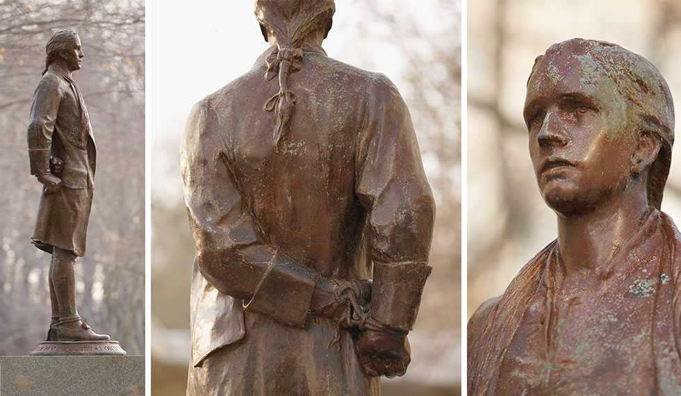 A side view, rear view, and close up of a bronze-colored statue of Nathan Hale with his hands tied behind his back.