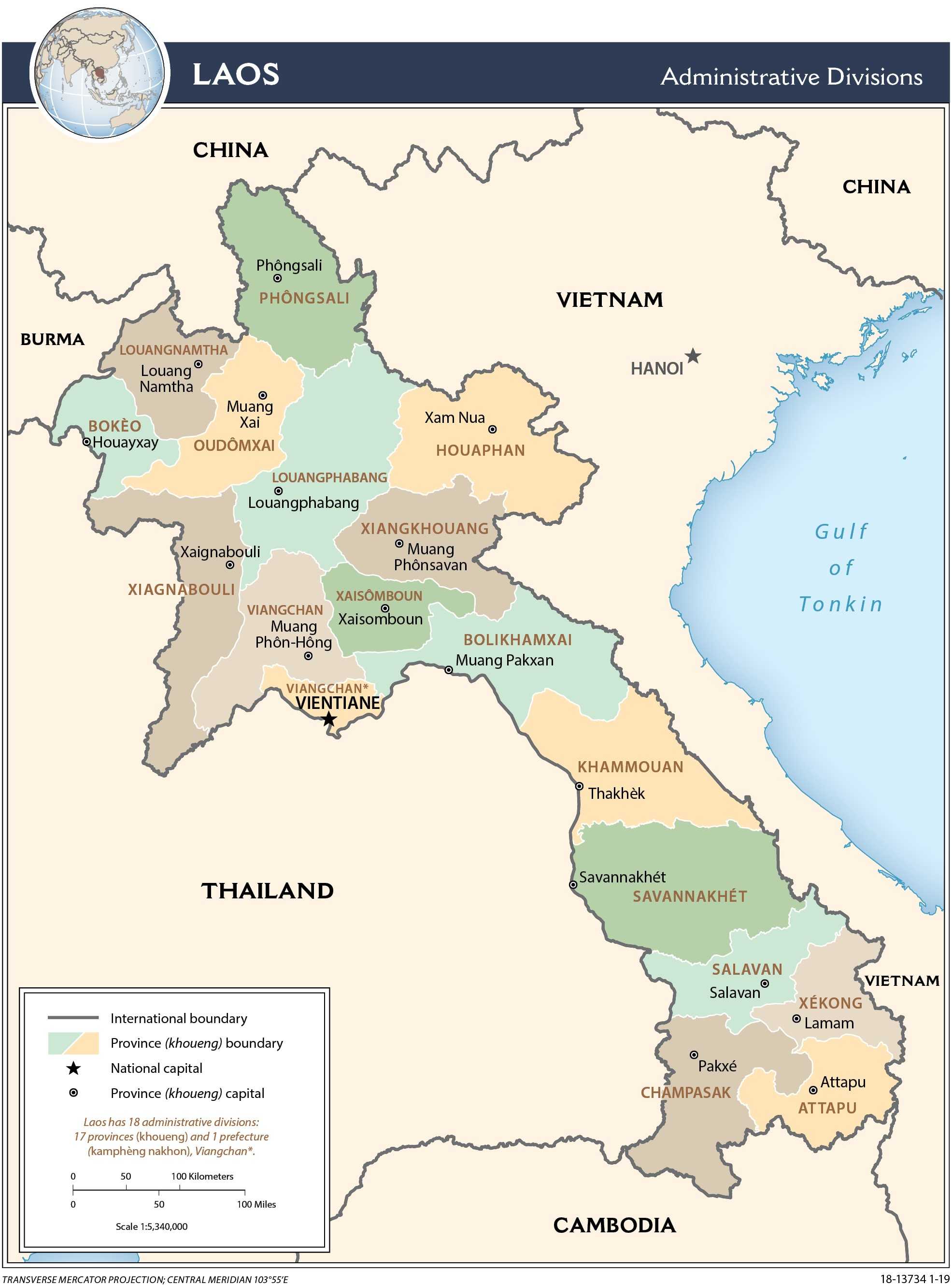 Administrative map of Laos.