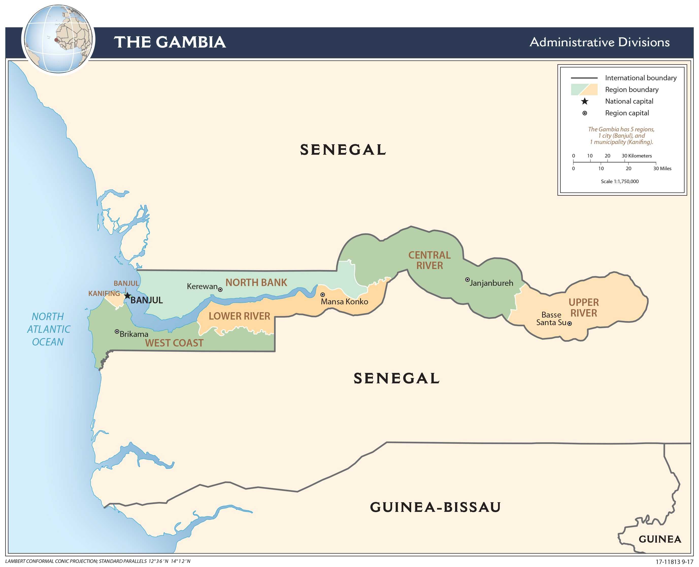Administrative map of Gambia.