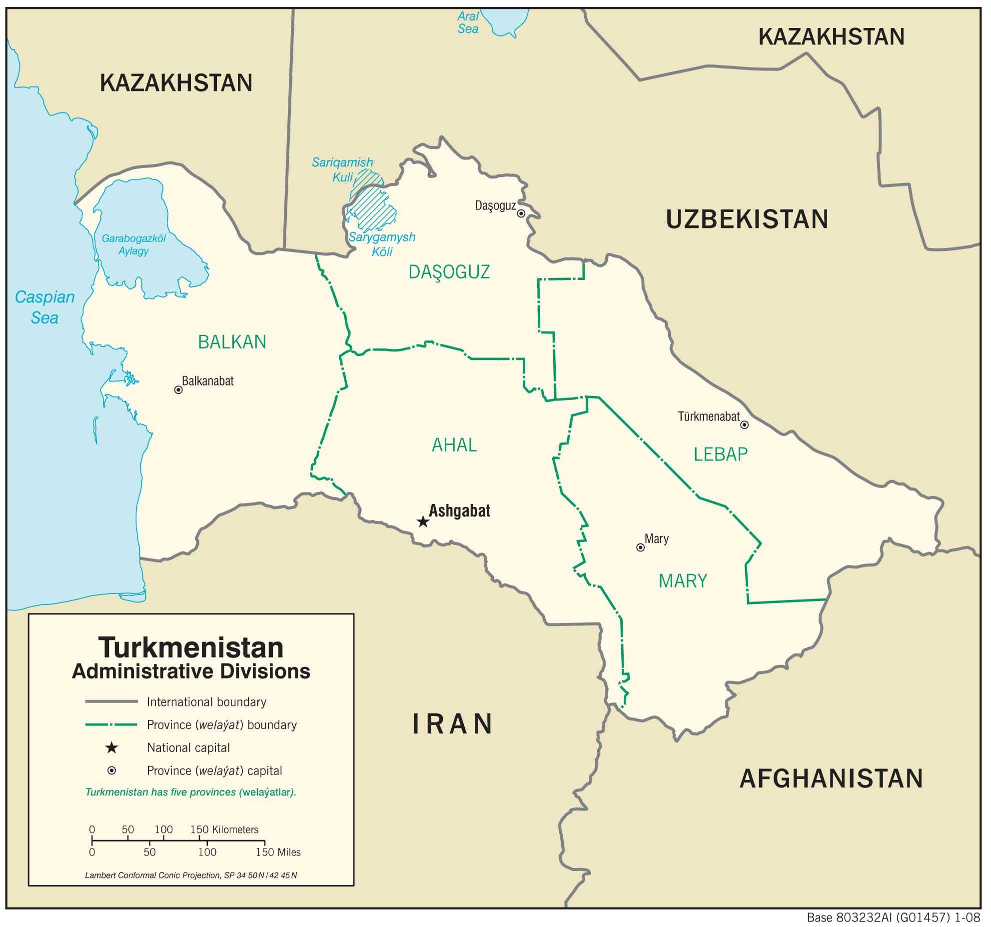 Administrative map of Turkmenistan.