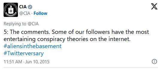 Twitter post that reads: "The comments. Some of our followers have the most entertaining conspiracy theories on the internet." Hashtags: aliens in the basement and Twitterversary.