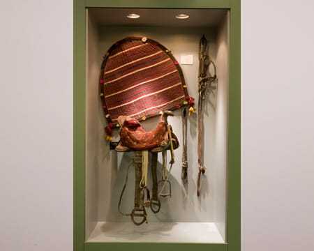 A decorated saddle pictured with accompanying accessories