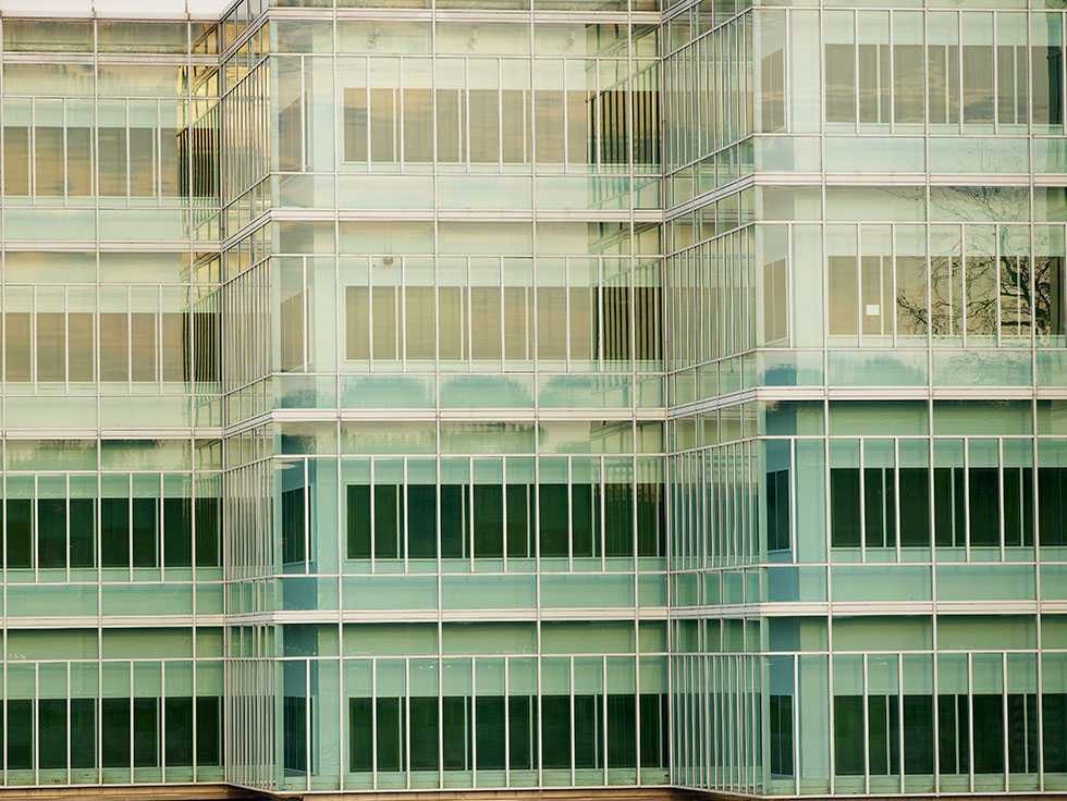 A close up of the upper floor windows of the CIA New Headquarters Building.