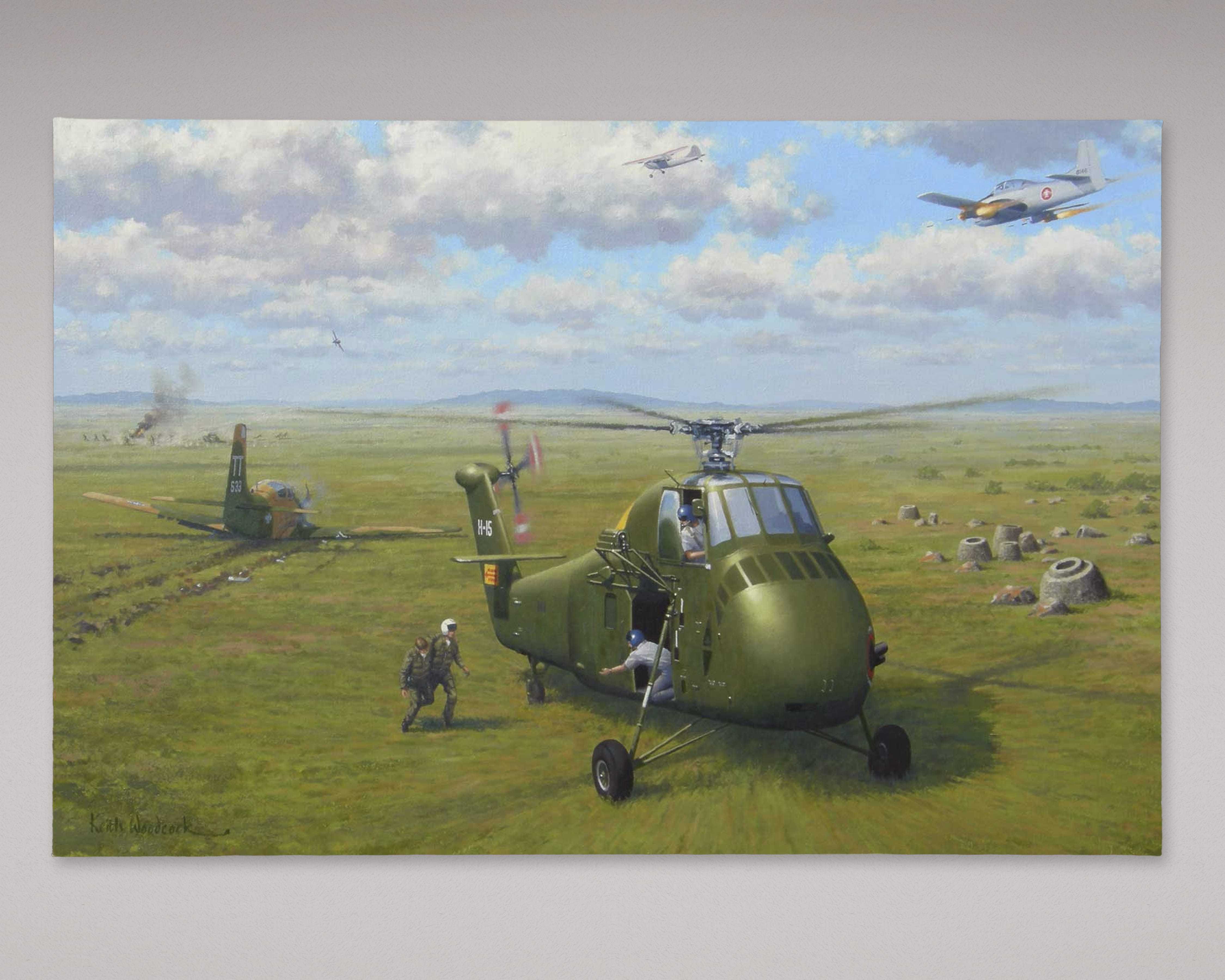 A painting depicting a small plane and a military helicopter in a large grass field