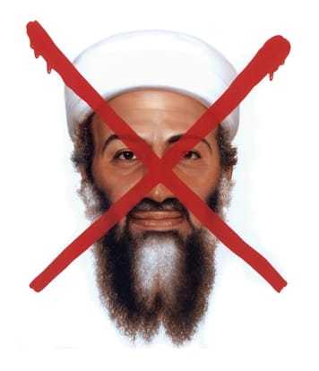 Usama Bin Laden with a large red "X" over his face.