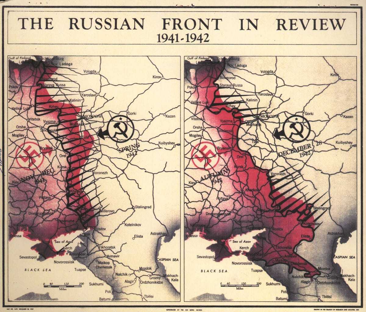 A map titled "The Russian Front in Review 1941-1942" showing Russia with the Swastika on one half and the hammer and sickle on the other.