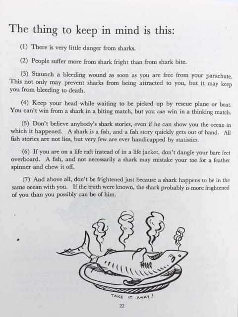 A page titled "The thing to keep in mind is this" with a list of tips on sharks. A cartoon steaming shark is drawn belly up on a dinner plate at the bottom of the page.