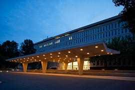 Image of the CIA Headquarters at night.