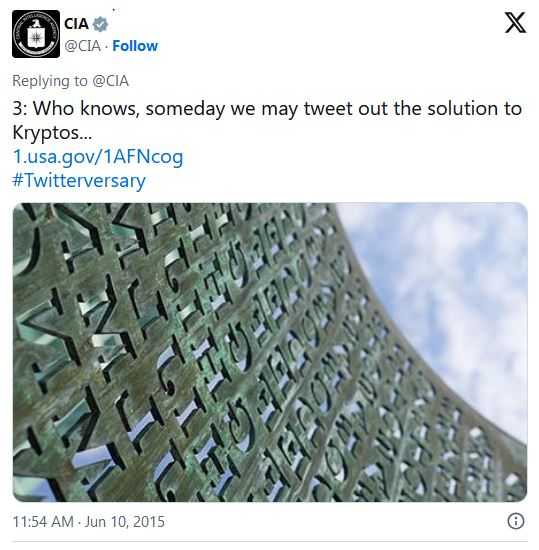 Twitter post that reads: "Who knows, someday we may tweet out the solution to Kryptos..." Hashtag: Twitterversary. Image of Kryptos sculpture.