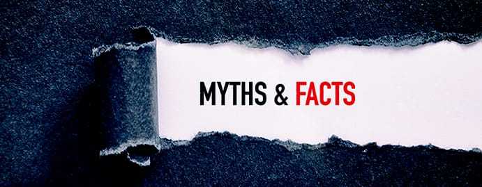 An image of a heading that reads "Myths & Facts," with the text in all capital letters, "Myths and" typed in black and "Facts" typed in red.