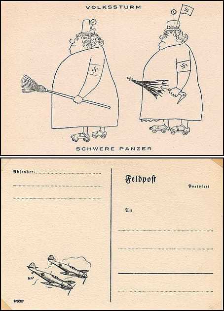 A postcard with drawings of two Nazi women, one holding a broomstick and one holding an umbrella.