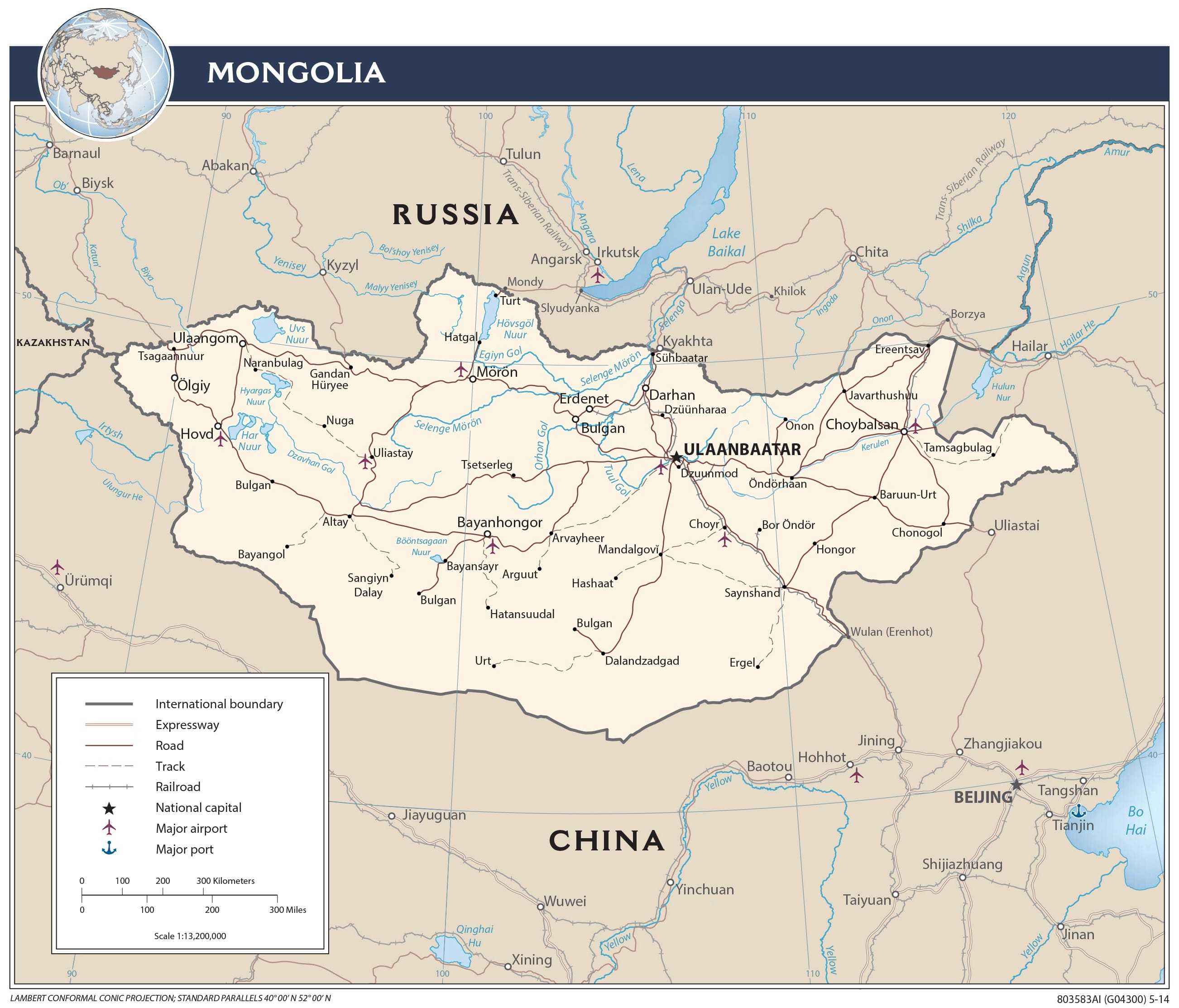 Transportation map of Mongolia.