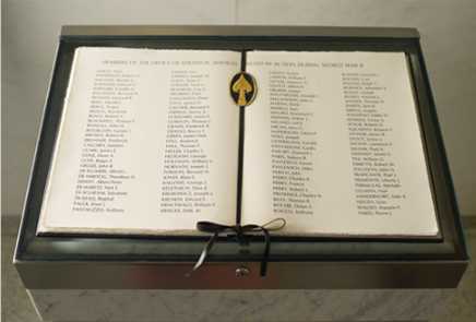 A glass-encased book held open by a ribbon displaying a list of names.